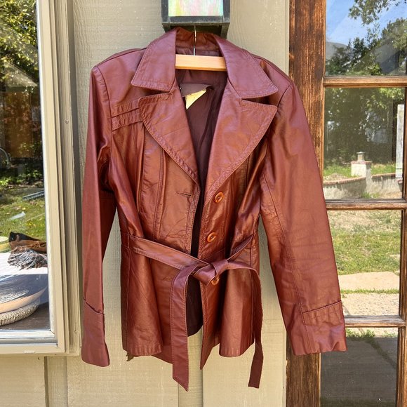 Vintage Jackets & Blazers - Vintage  Maroon red tie waste leather jacket small